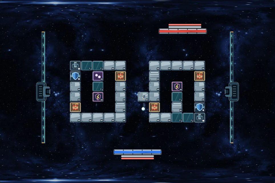 Knockabout prototype on playknockabout.com: a ball rebounds from a dented steel block between two Space stations, with aligned solid coral health bars and steel-gray armor bars.
